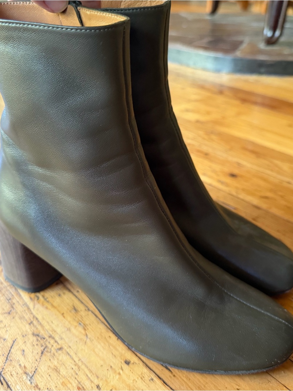 LOQ Olive Green Leather Ankle Booties with Block Heel